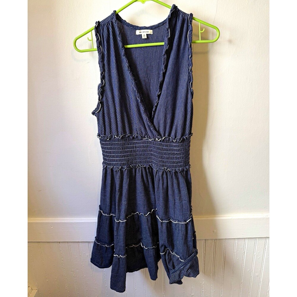 Max Studio Striped V-Neck Sleeveless Smocked Stretch Mini Dress Blue White M